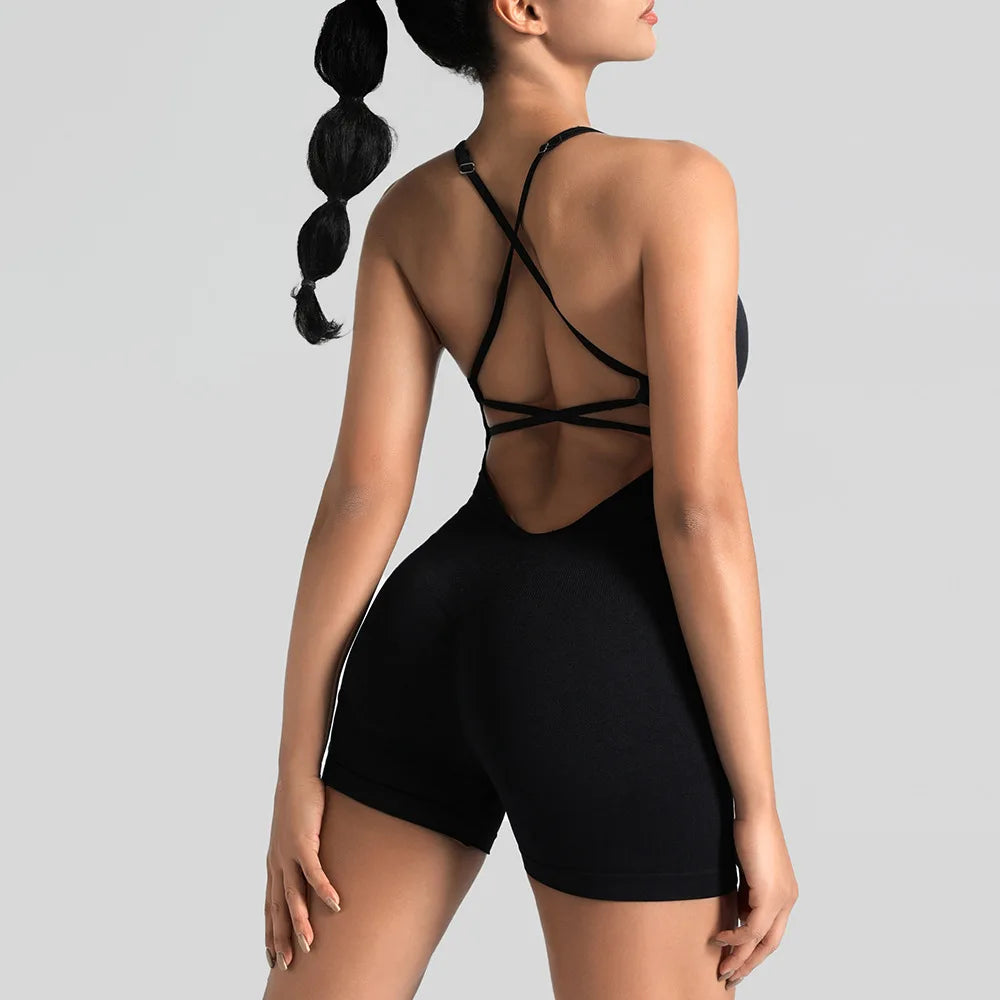 Women'S Gym Yoga Set Tight Fitting Short High Elasticity Integrated Exercise Workwear Sports Bra Jumpsuit Gym Set Women