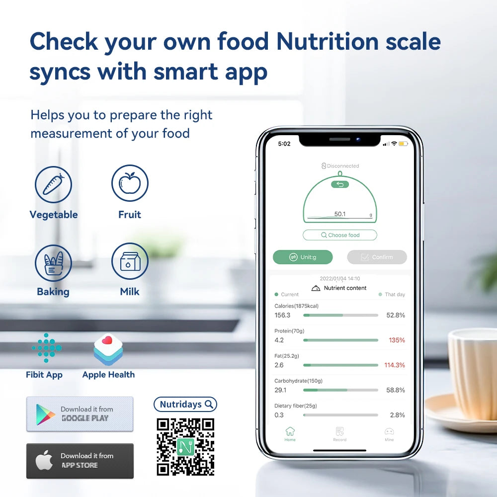 5Kg/0.1G/1G Smart Kitchen Scales Nutrition Scale Smart Food Calories Scale Cook Bake Digital Scale with Nutrition Calculator APP