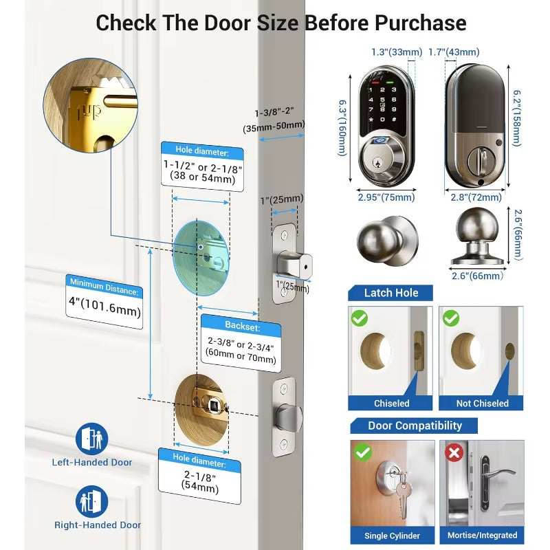 Smart Locks for Front Door, 2 Knob Handle Set, Fingerprint Keyless Entry, App Control Biometric Door Lock, Electronic Digital