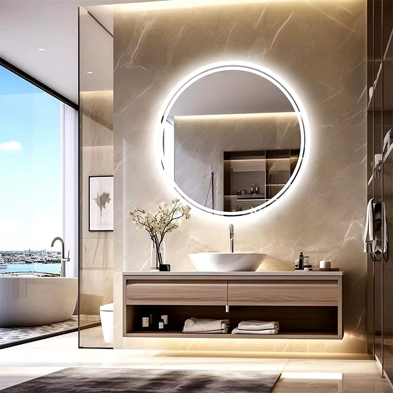 LED HD Smart Bathroom Mirror with Lights Circle Backlit Bathroom Mirror Wall Mounted Illuminated Mirror Advanced Bathroom Mirror