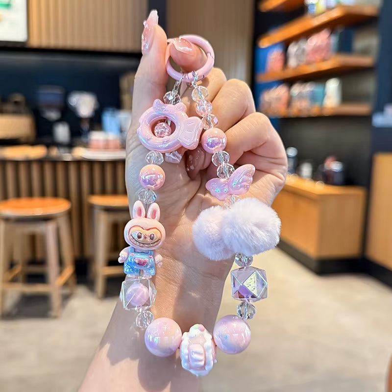 New Labubu Wool Ball Bead Cell Phone Chain Girls Cartoon Lanyard Bag Charm Gift