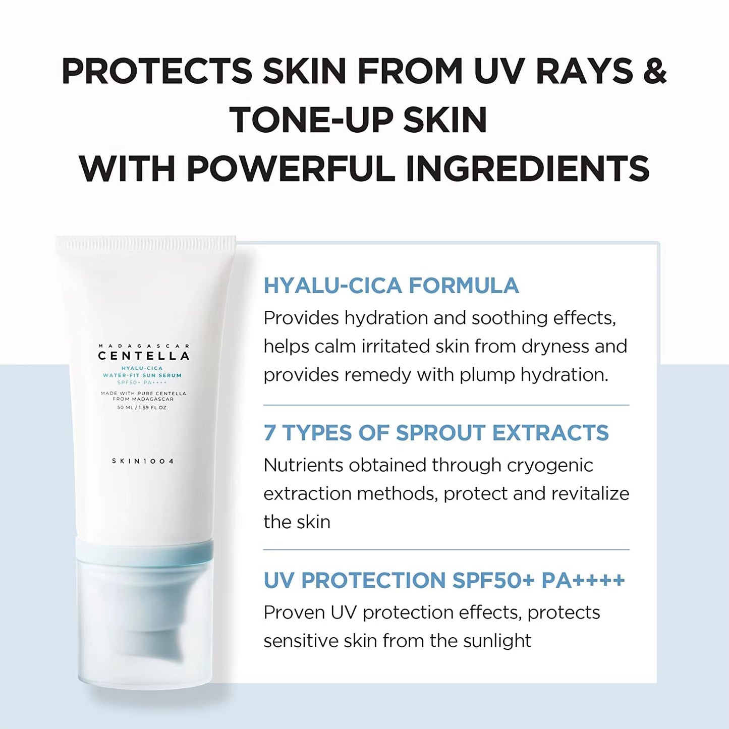 Skin1004 Korean Skincare Centella Sun Serum SPF50+ - Hyaluronic Acid UV Protection, Sensitive Skin