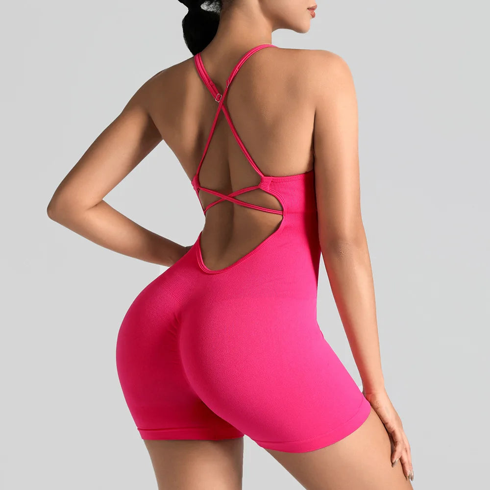 Women'S Gym Yoga Set Tight Fitting Short High Elasticity Integrated Exercise Workwear Sports Bra Jumpsuit Gym Set Women