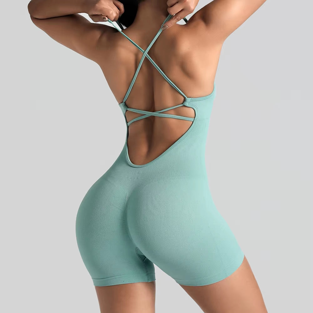 Women'S Gym Yoga Set Tight Fitting Short High Elasticity Integrated Exercise Workwear Sports Bra Jumpsuit Gym Set Women