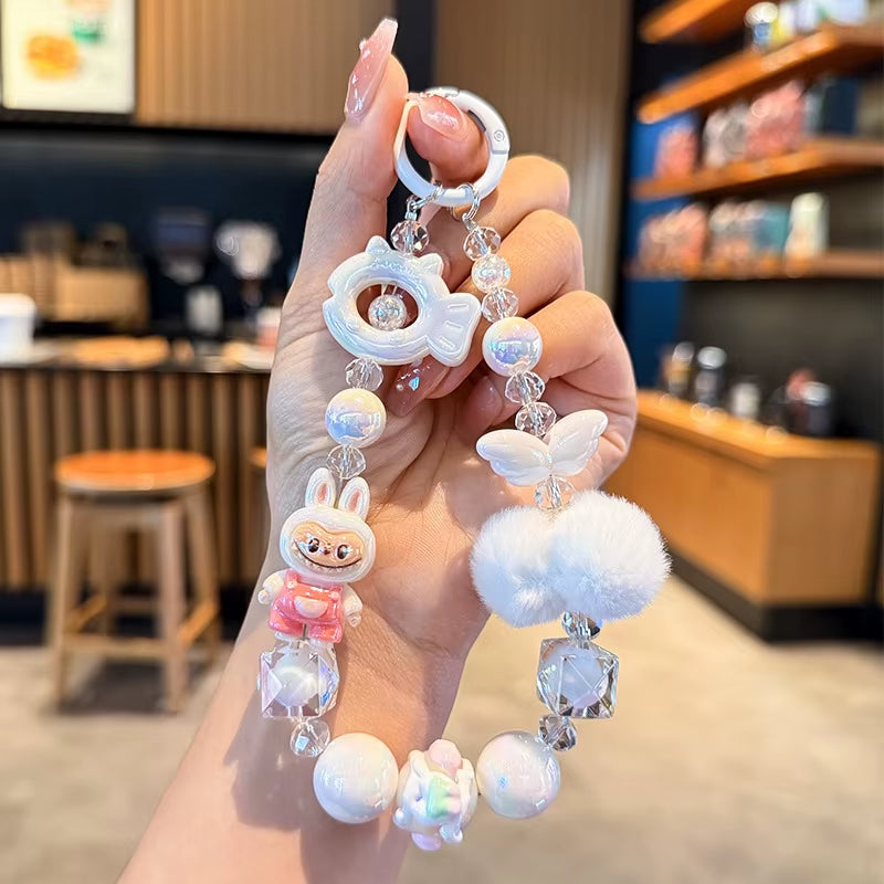 New Labubu Wool Ball Bead Cell Phone Chain Girls Cartoon Lanyard Bag Charm Gift