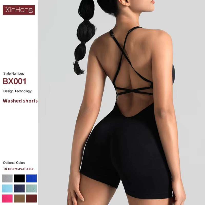 Women'S Gym Yoga Set Tight Fitting Short High Elasticity Integrated Exercise Workwear Sports Bra Jumpsuit Gym Set Women