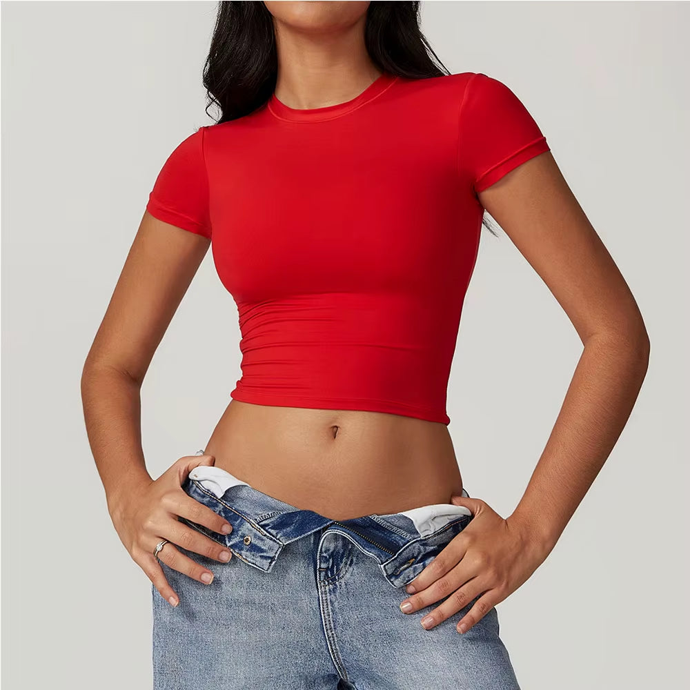 Women Yoga T-Shirt Sports Gym Cropped Tops Gym Training Shirt Fitness Short Sleeve Yoga Running Workout Tracksuit Short Sleeved