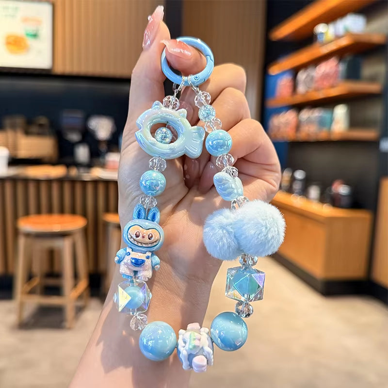 New Labubu Wool Ball Bead Cell Phone Chain Girls Cartoon Lanyard Bag Charm Gift