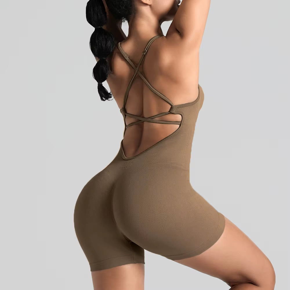 Women'S Gym Yoga Set Tight Fitting Short High Elasticity Integrated Exercise Workwear Sports Bra Jumpsuit Gym Set Women