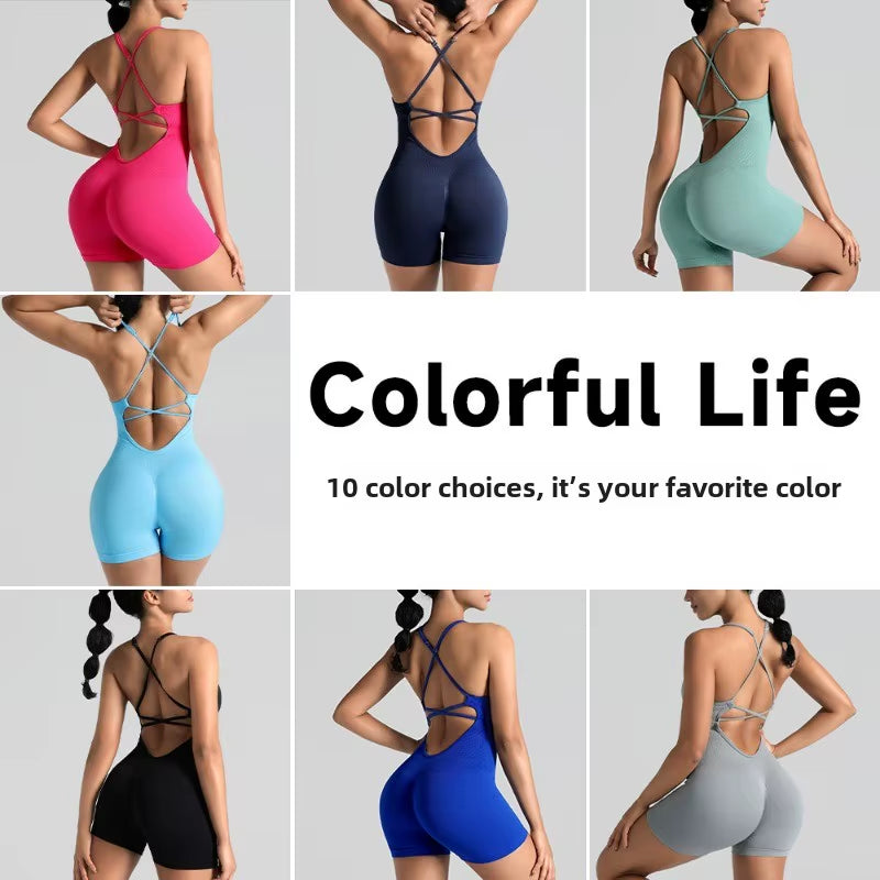 Women'S Gym Yoga Set Tight Fitting Short High Elasticity Integrated Exercise Workwear Sports Bra Jumpsuit Gym Set Women