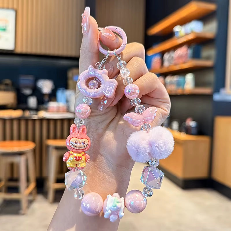New Labubu Wool Ball Bead Cell Phone Chain Girls Cartoon Lanyard Bag Charm Gift