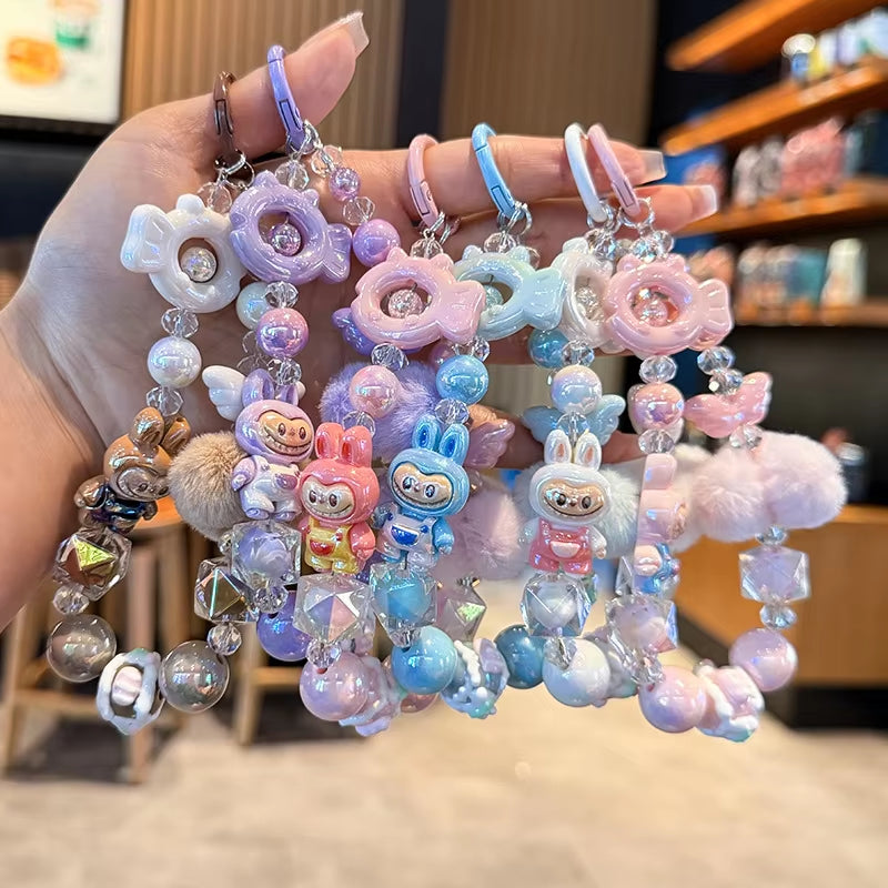 New Labubu Wool Ball Bead Cell Phone Chain Girls Cartoon Lanyard Bag Charm Gift