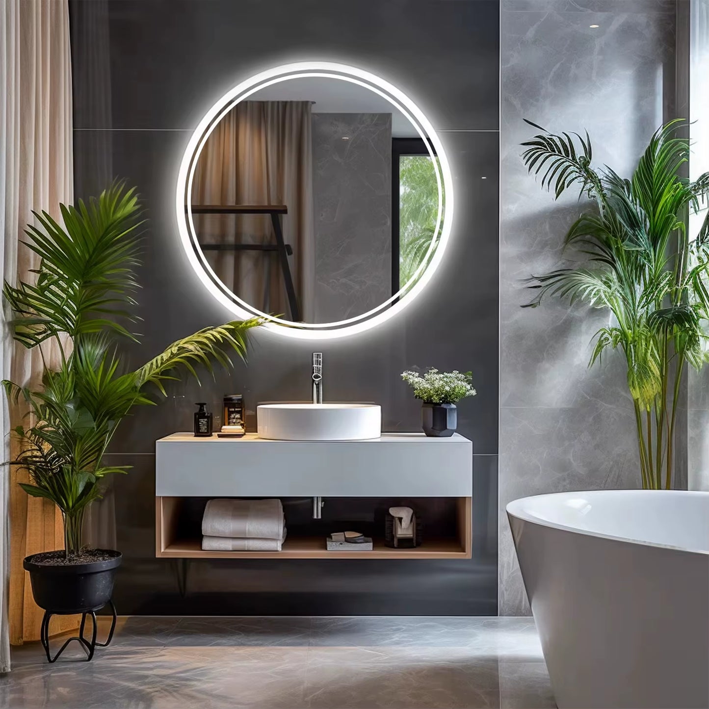 LED HD Smart Bathroom Mirror with Lights Circle Backlit Bathroom Mirror Wall Mounted Illuminated Mirror Advanced Bathroom Mirror