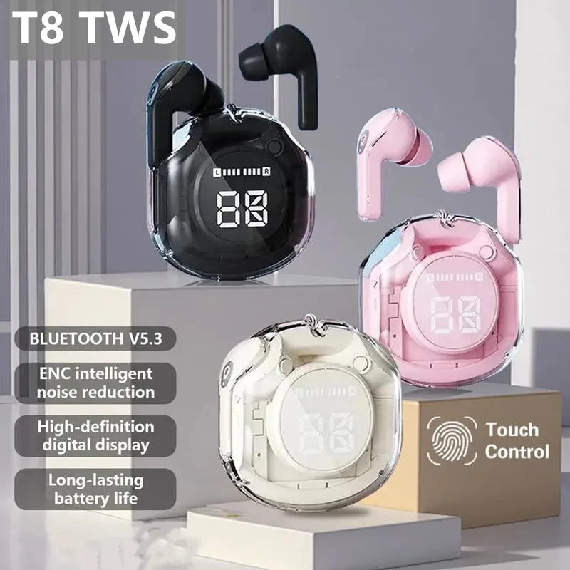 T8 PRO Tws Bluetooth Earbuds Transparent with LED Digital Display Wireless In-Ear Earphone for Xiaomi Huawei Iphone Headphone