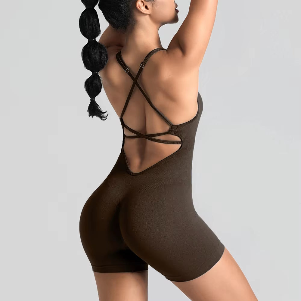 Women'S Gym Yoga Set Tight Fitting Short High Elasticity Integrated Exercise Workwear Sports Bra Jumpsuit Gym Set Women