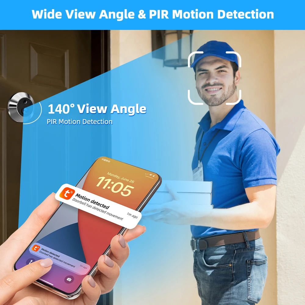 Tuya Smart 3MP 140° Wide View Angle Mini Digital Peephole Eye Viewer Wifi IR PIR Detection Doorbell Door Camera Alexa Google