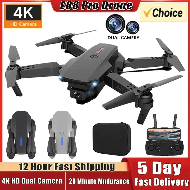 4K E88Pro Drone with 1080P Dual HD Camera, Foldable, Wifi FPV, RC Helicopter for Aerial Photography and Gifting