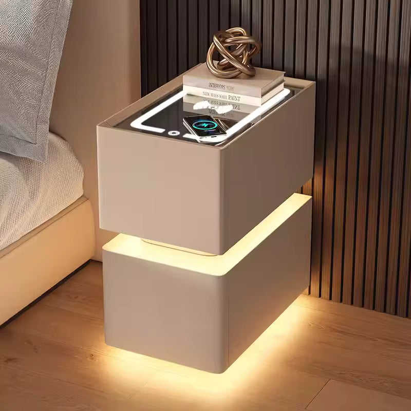 Creative 25Cm Smart Bedside Table with Sensor Light Nordic Style Storage Cabinet Bedroom Nightstand with Wireless Charging