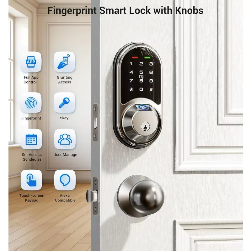 Smart Locks for Front Door, 2 Knob Handle Set, Fingerprint Keyless Entry, App Control Biometric Door Lock, Electronic Digital