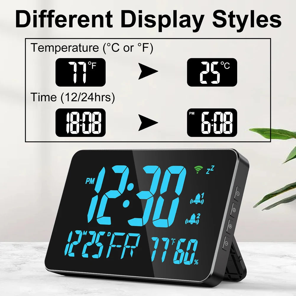 Tuya Wifi Smart Alarm Clock Thermometer Hygrometer with Digital LED Display Calender Adjustable Brightness APP Remote Clock