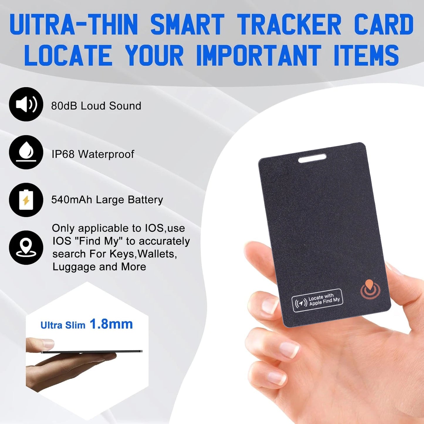 Slim Bluetooth Item Finder Tracker Wallet Tracking Card Compatible with Find My (Ios Only) IP68 Waterproof for Luggage Suitcase