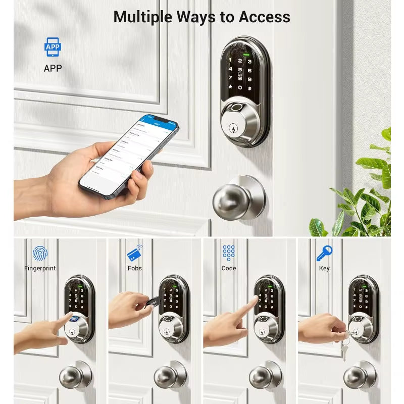 Smart Locks for Front Door, 2 Knob Handle Set, Fingerprint Keyless Entry, App Control Biometric Door Lock, Electronic Digital