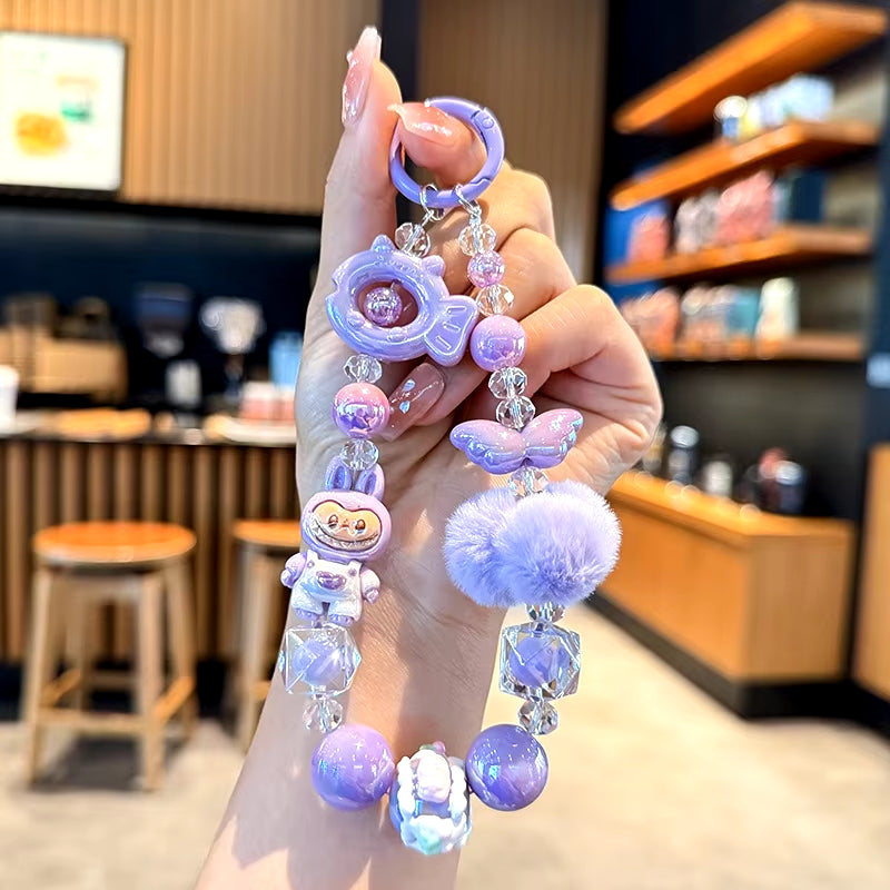 New Labubu Wool Ball Bead Cell Phone Chain Girls Cartoon Lanyard Bag Charm Gift