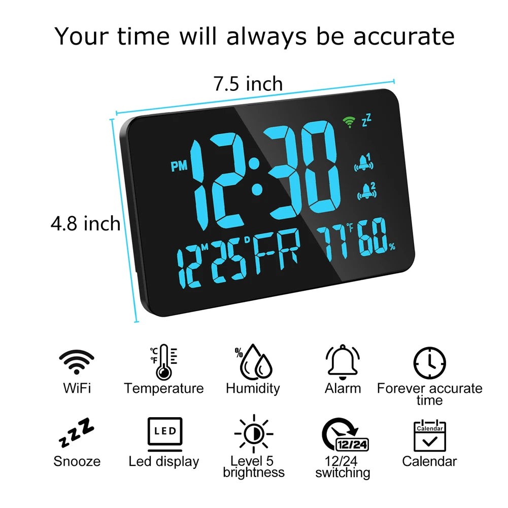 Tuya Wifi Smart Alarm Clock Thermometer Hygrometer with Digital LED Display Calender Adjustable Brightness APP Remote Clock