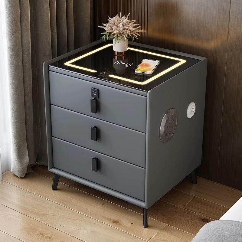 3 Drawers Smart Bedside Table with Wireless Charging Solid Wood Bedroom End Table with Fingerprints Lock Hotel Nightstands