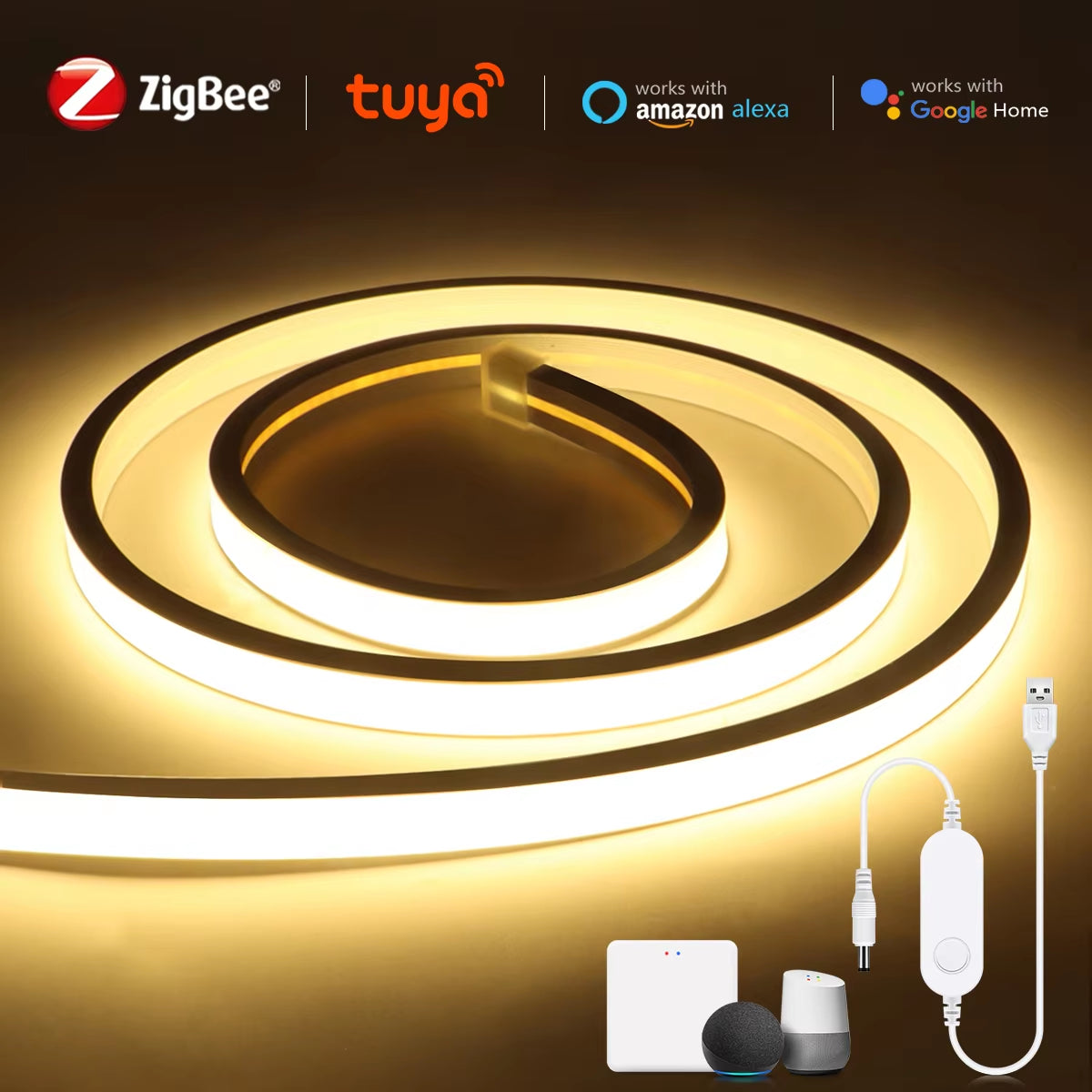Smart Zigbee 3.0 USB 5V COB LED Strip Neon Light Work with Tuya HUB Bridge Echo plus App/Alexa Voice Control Ambiance Wifi Lamp