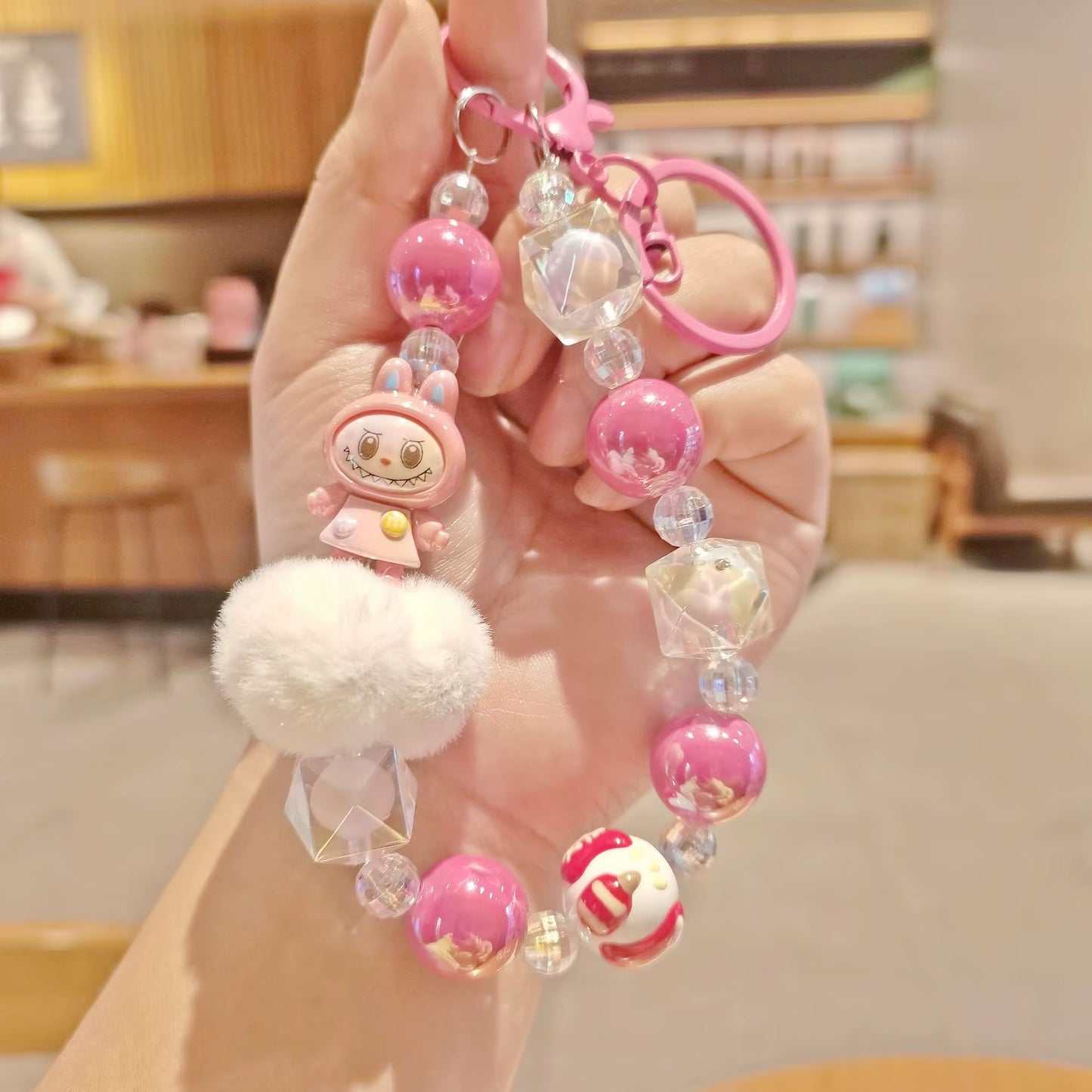 New Labubu Wool Ball Bead Cell Phone Chain Girls Cartoon Lanyard Bag Charm Gift