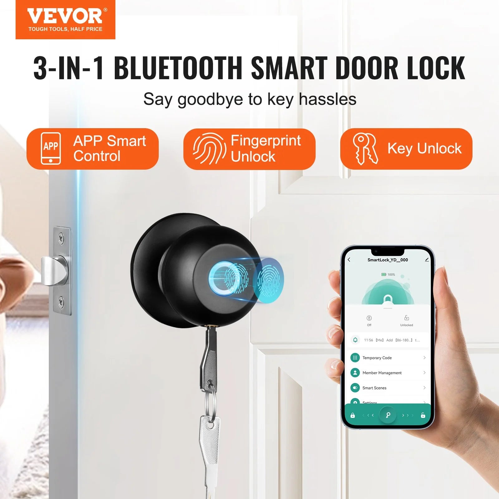 VEVOR Smart Door Knob, Biometric Door Lock Bluetooth Smart Lock, Fingerprint Smart Lock with APP Control - Black