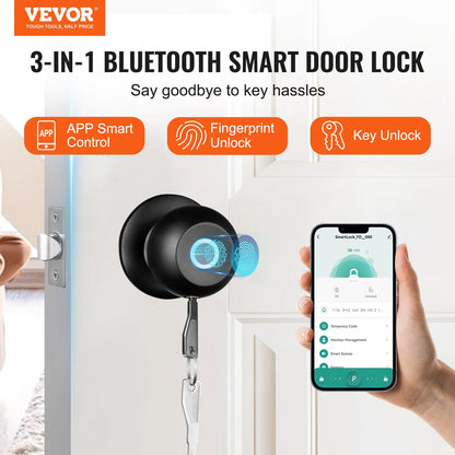 VEVOR Smart Door Knob, Biometric Door Lock Bluetooth Smart Lock, Fingerprint Smart Lock with APP Control - Black