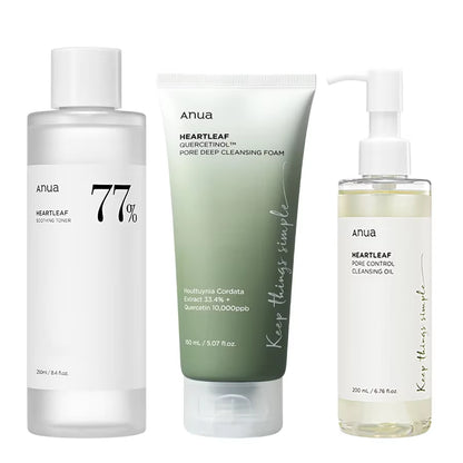 Anua Heartleaf 77 Toner, Pore Cleansing Oil, Deep Cleansing Foaming Cleanser, Moisturizing and Improving Skin, Korean Skincare