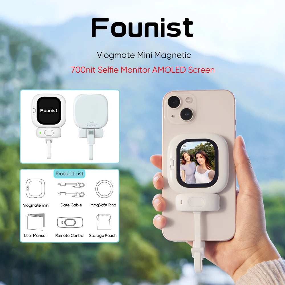 Vlogmate Mini AMOLED Screen Magnetic Selfie Monitor Screen Remote Control 700Nits for Iphone 5-12 13 14 15 16 Pro Vlog