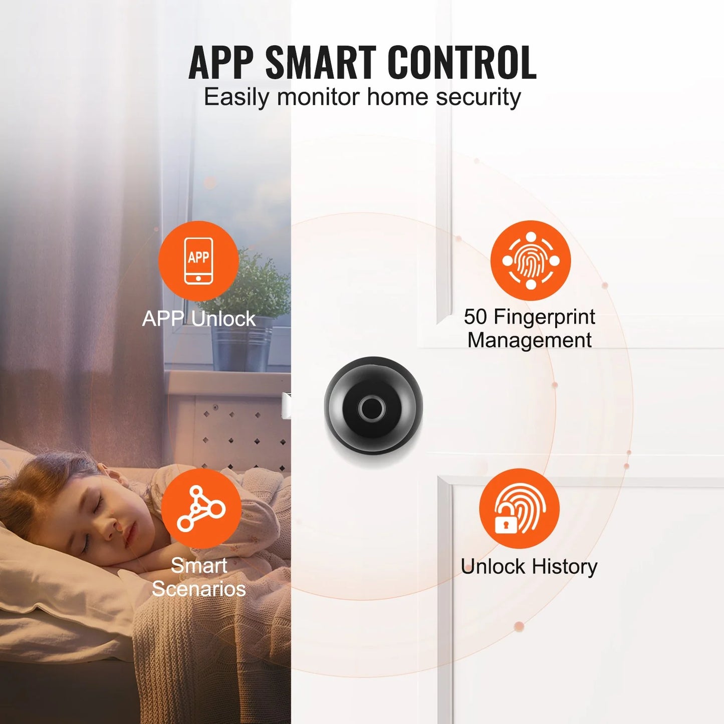 VEVOR Smart Door Knob, Biometric Door Lock Bluetooth Smart Lock, Fingerprint Smart Lock with APP Control - Black