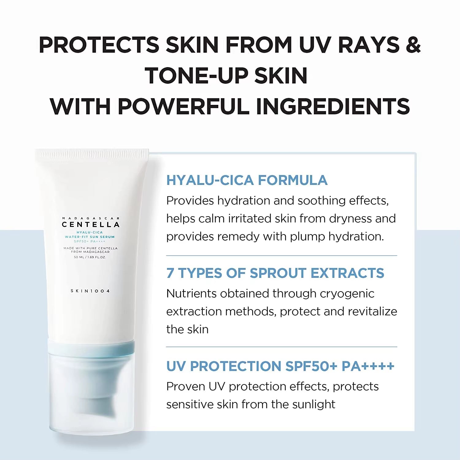 Skin1004 Korean Skincare Centella Sun Serum SPF50+ - Hyaluronic Acid UV Protection, Sensitive Skin