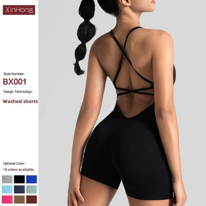 Women'S Gym Yoga Set Tight Fitting Short High Elasticity Integrated Exercise Workwear Sports Bra Jumpsuit Gym Set Women