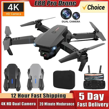 4K E88Pro Drone with 1080P Dual HD Camera, Foldable, Wifi FPV, RC Helicopter for Aerial Photography and Gifting