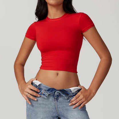 Women Yoga T-Shirt Sports Gym Cropped Tops Gym Training Shirt Fitness Short Sleeve Yoga Running Workout Tracksuit Short Sleeved