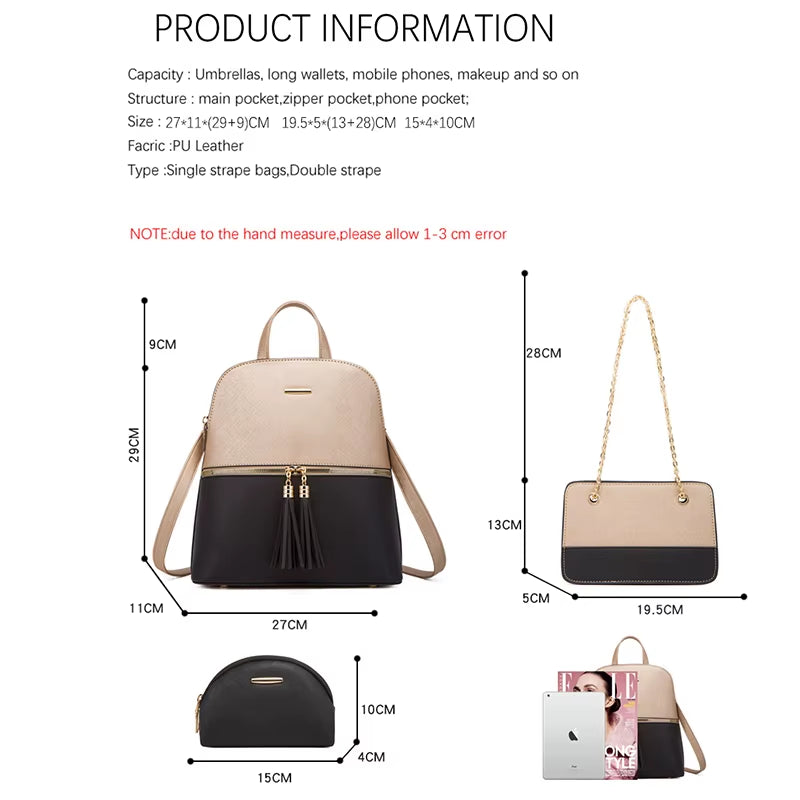 Women'S Fashion Bags 2025 3 Pcs Set Zipper Bag Ladies Color Contrast Backpacks for Women Brand Composite Bags