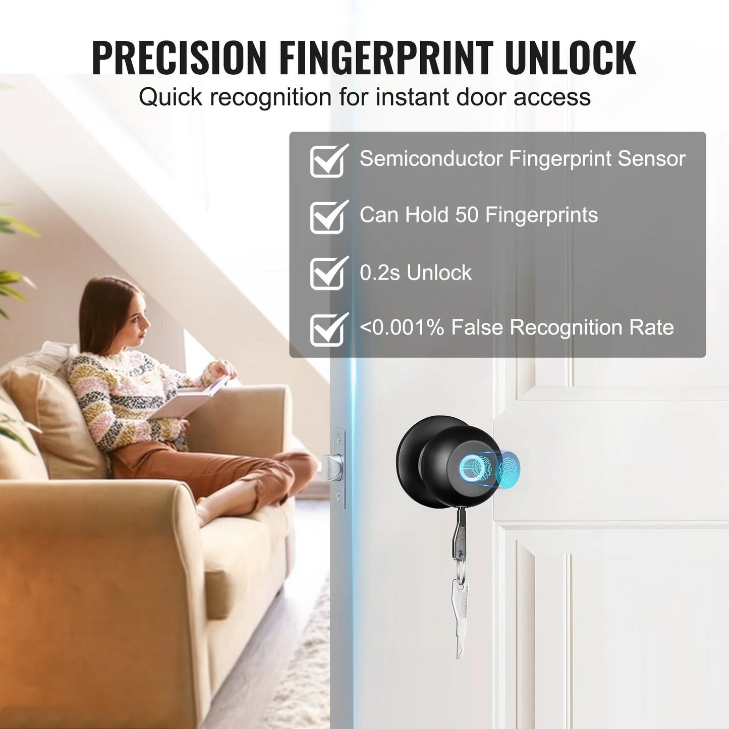 VEVOR Smart Door Knob, Biometric Door Lock Bluetooth Smart Lock, Fingerprint Smart Lock with APP Control - Black