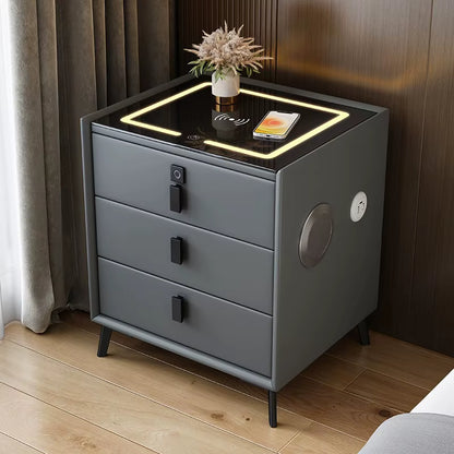 3 Drawers Smart Bedside Table with Wireless Charging Solid Wood Bedroom End Table with Fingerprints Lock Hotel Nightstands