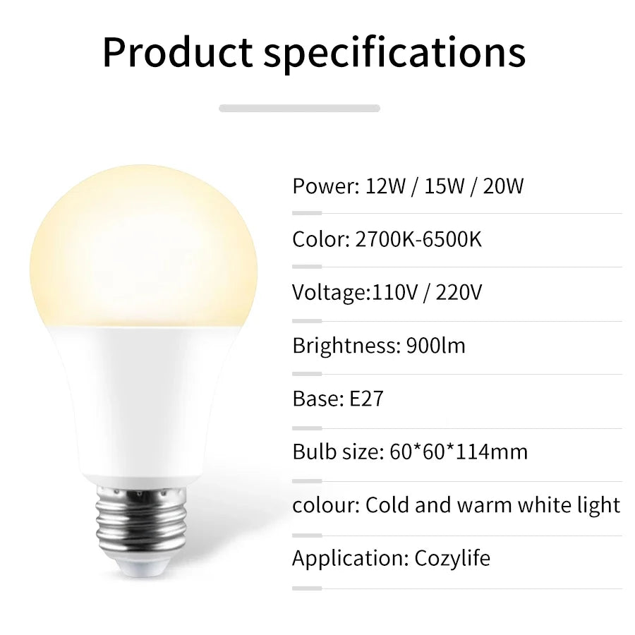 220V 110V E27 Wifi Smart LED Light Bulbs Cozylife App 12W 15W 20W Dimmable LED Lamp White/Warm Alexa Google Home Vioce Control