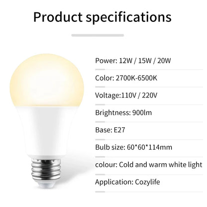 220V 110V E27 Wifi Smart LED Light Bulbs Cozylife App 12W 15W 20W Dimmable LED Lamp White/Warm Alexa Google Home Vioce Control