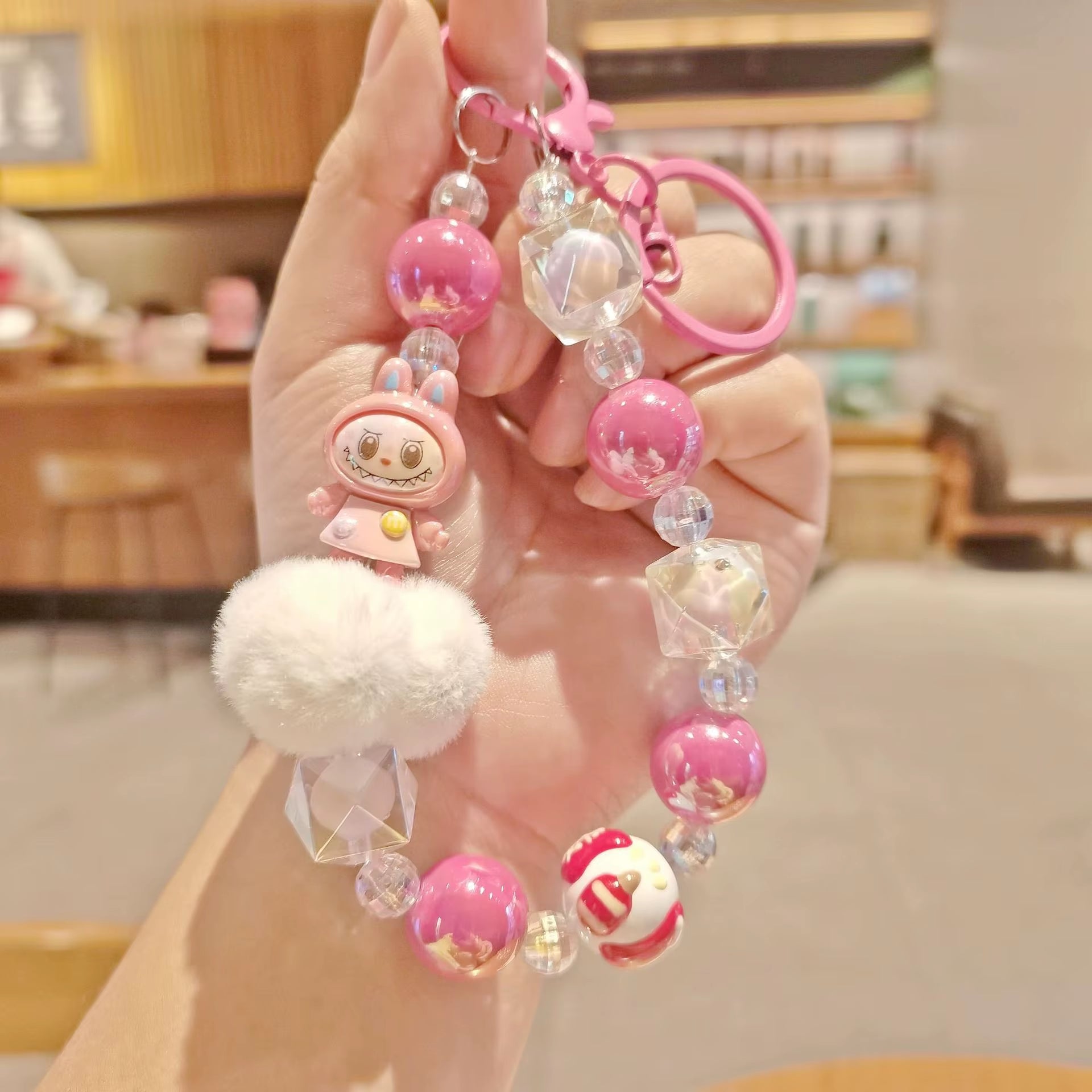 New Labubu Wool Ball Bead Cell Phone Chain Girls Cartoon Lanyard Bag Charm Gift